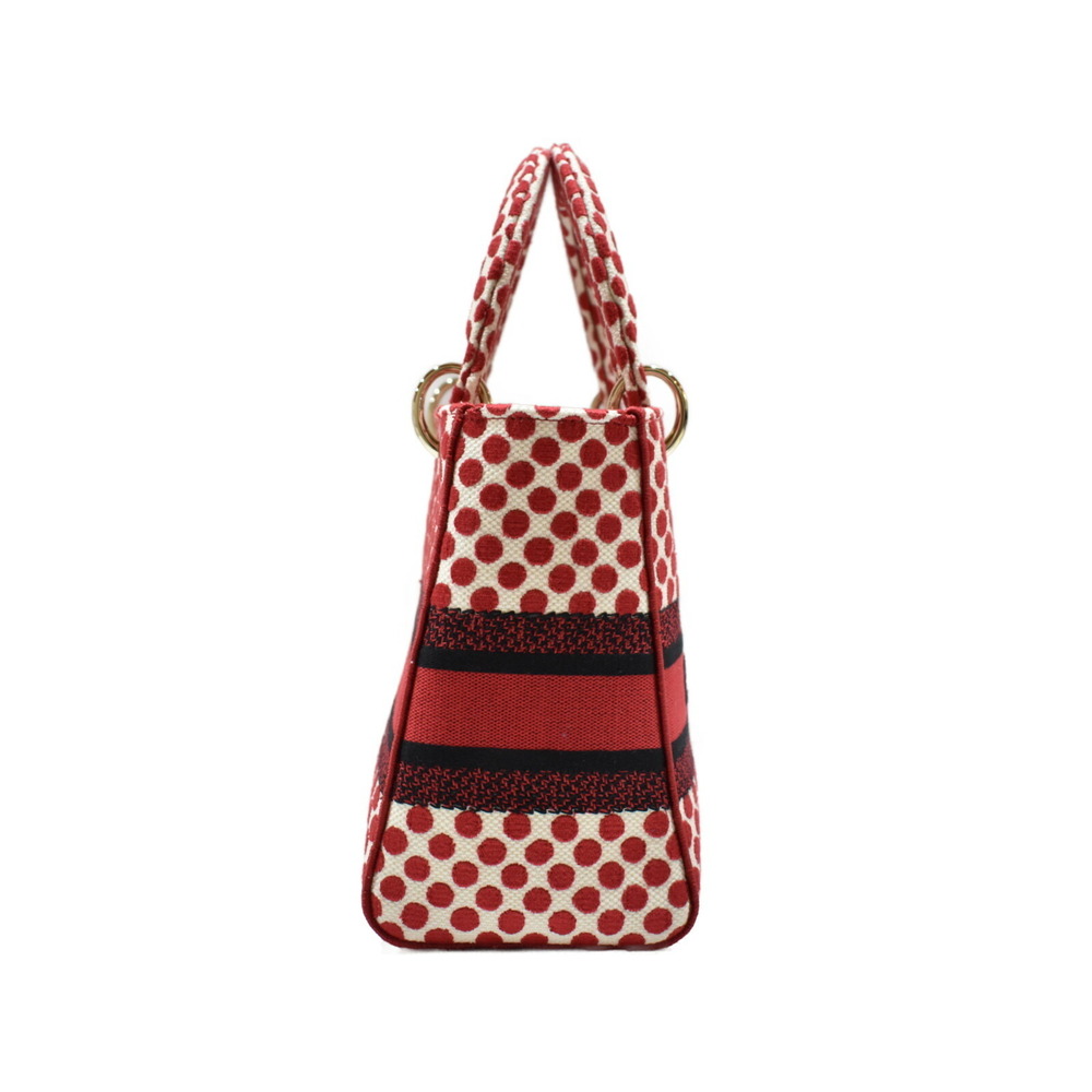 Christian Dior Lady Bag Red White Canvas Polka Dot Handbag Shoulder Strap - Picture 3 of 7